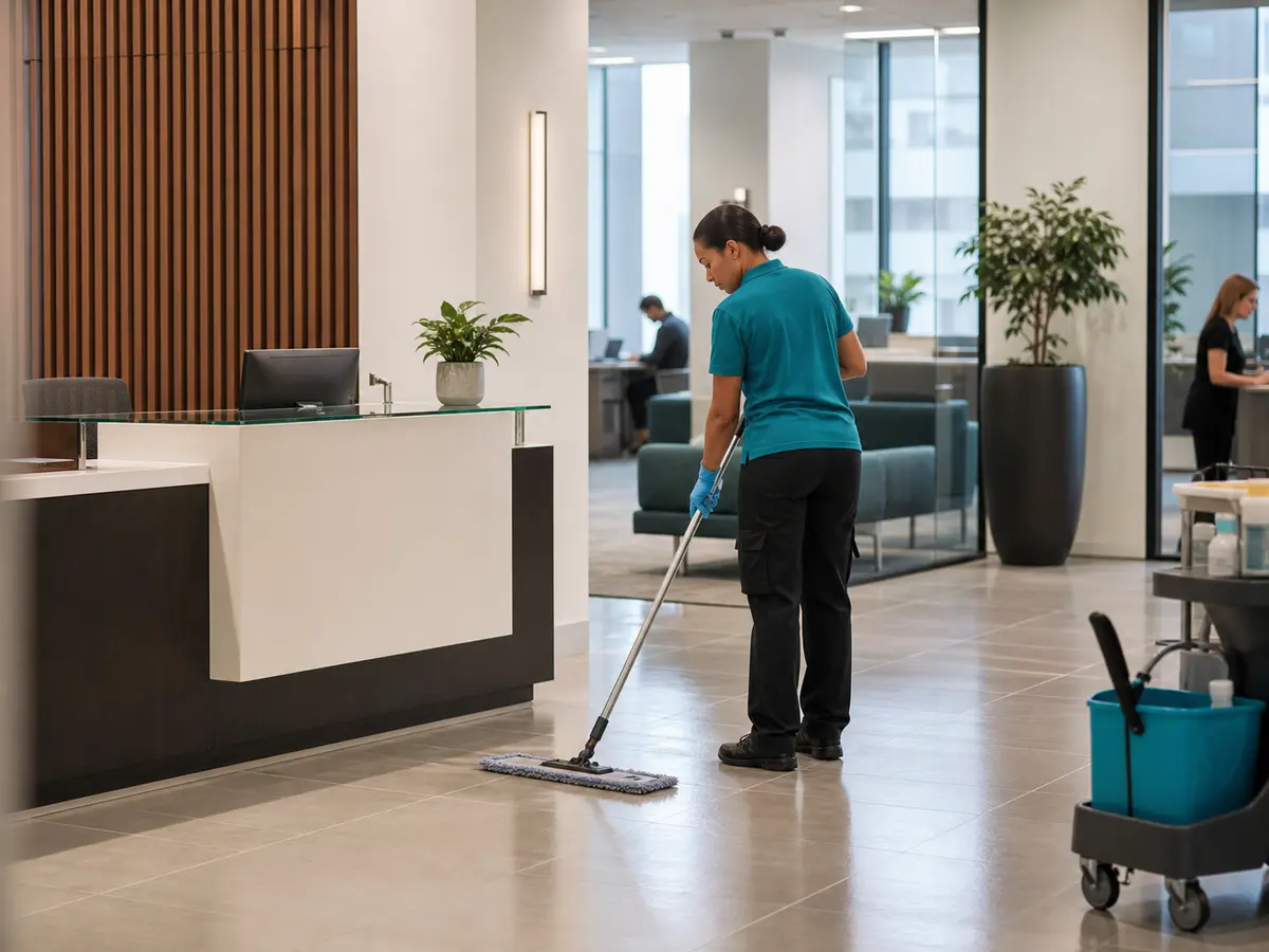 Professional cleaner working in a modern commercial property