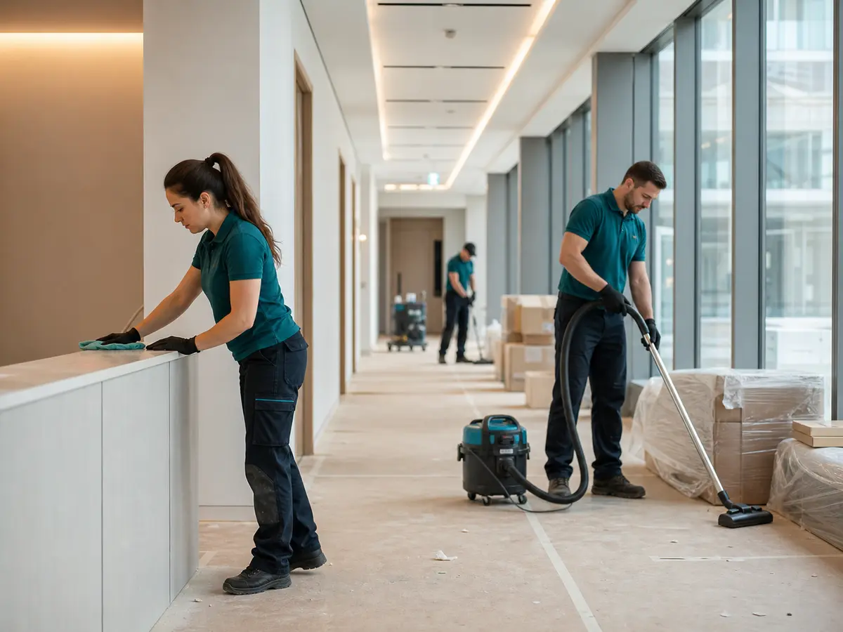 Cleaning staff safely cleaning the interior of a nearly completed building