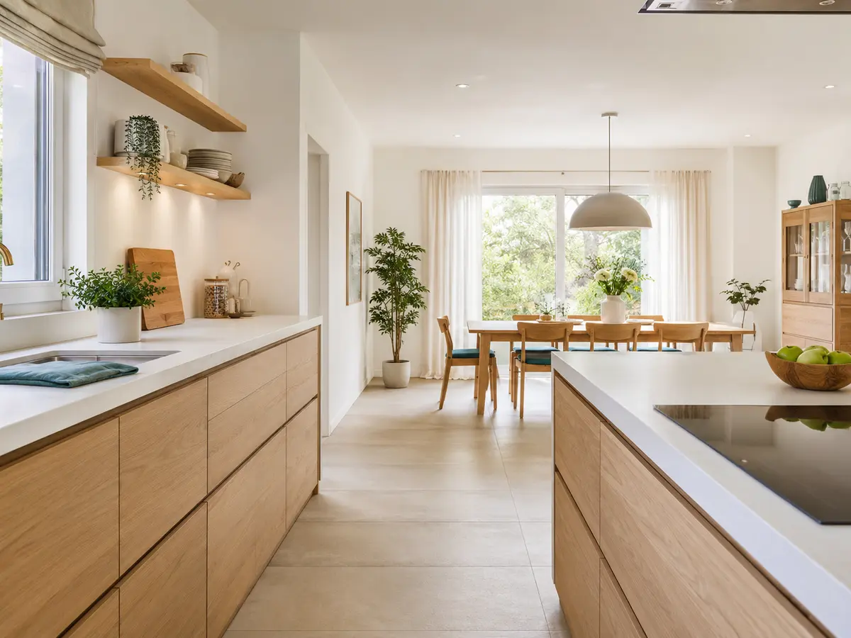 Professionally cleaned modern kitchen and bright dining area