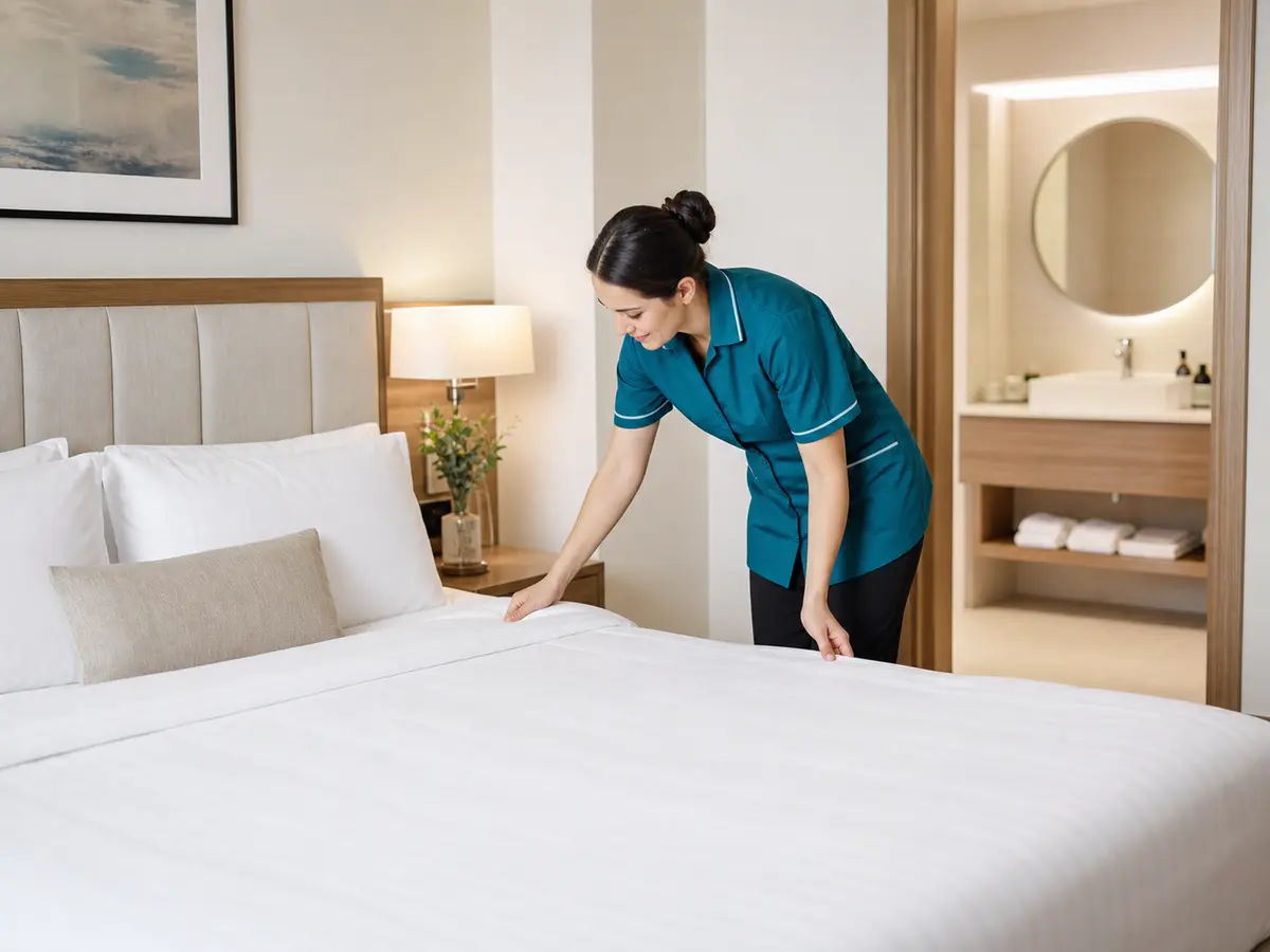 Hotel housekeeper carefully preparing a clean guest room