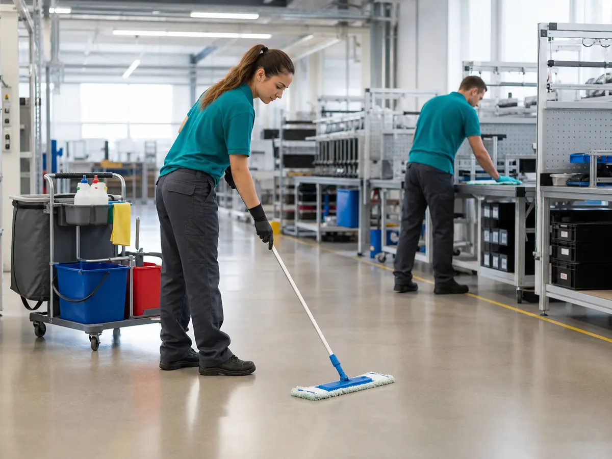 Cleaning staff carrying out safe non-specialist work in an industrial facility