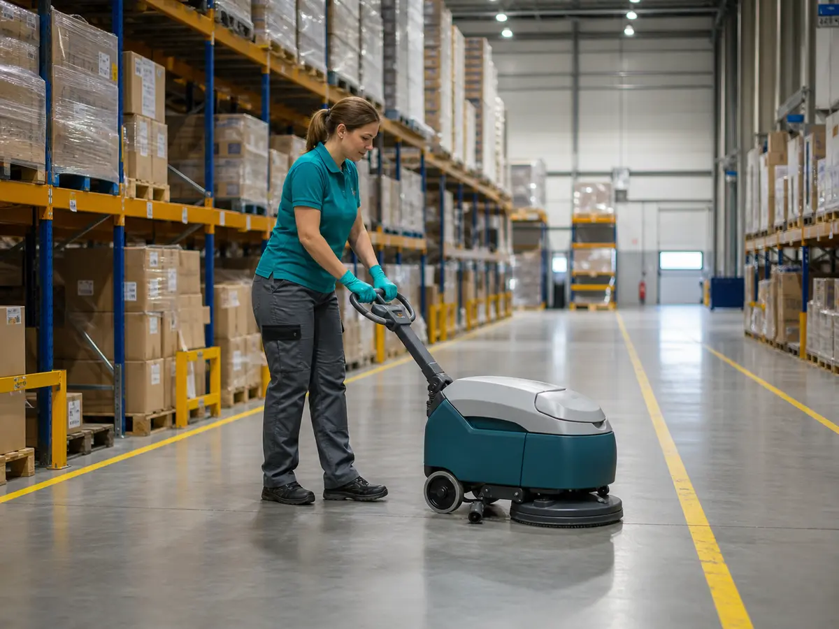 Professional cleaner cleaning the floor of a modern logistics center