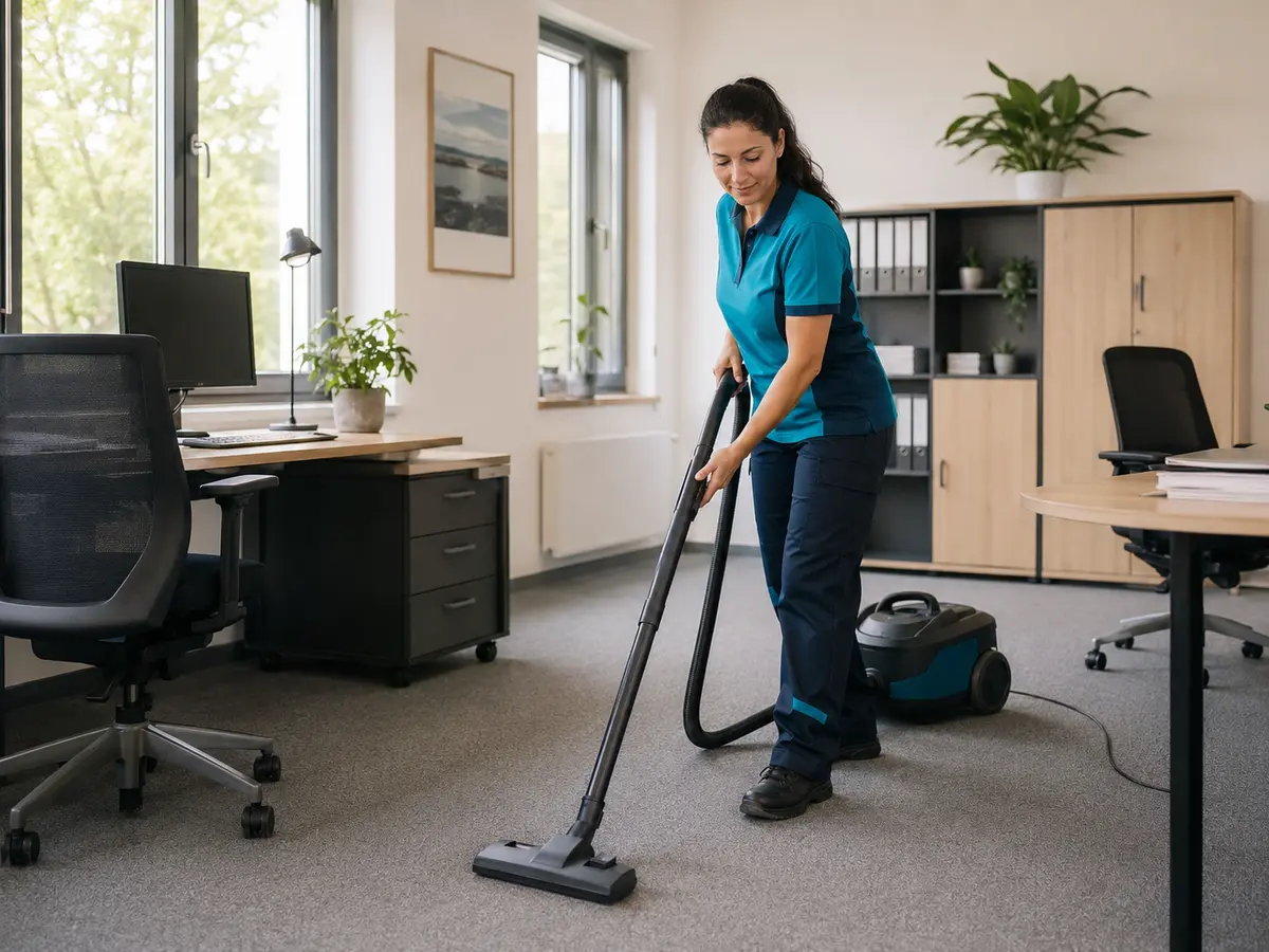 Professional cleaner vacuuming a modern office
